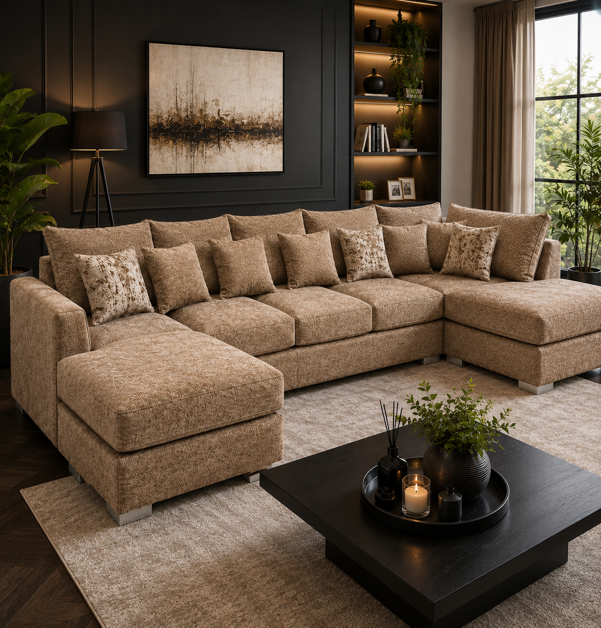Bishop Large U Shape 5 Seater Chenille Mink Sofa - Detailed Angle View 5