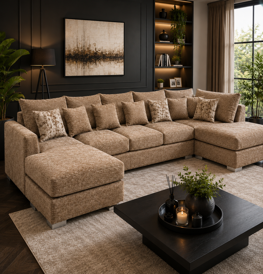 Bishop Large U Shape 5 Seater Chenille Mink Sofa - Detailed Angle View 5