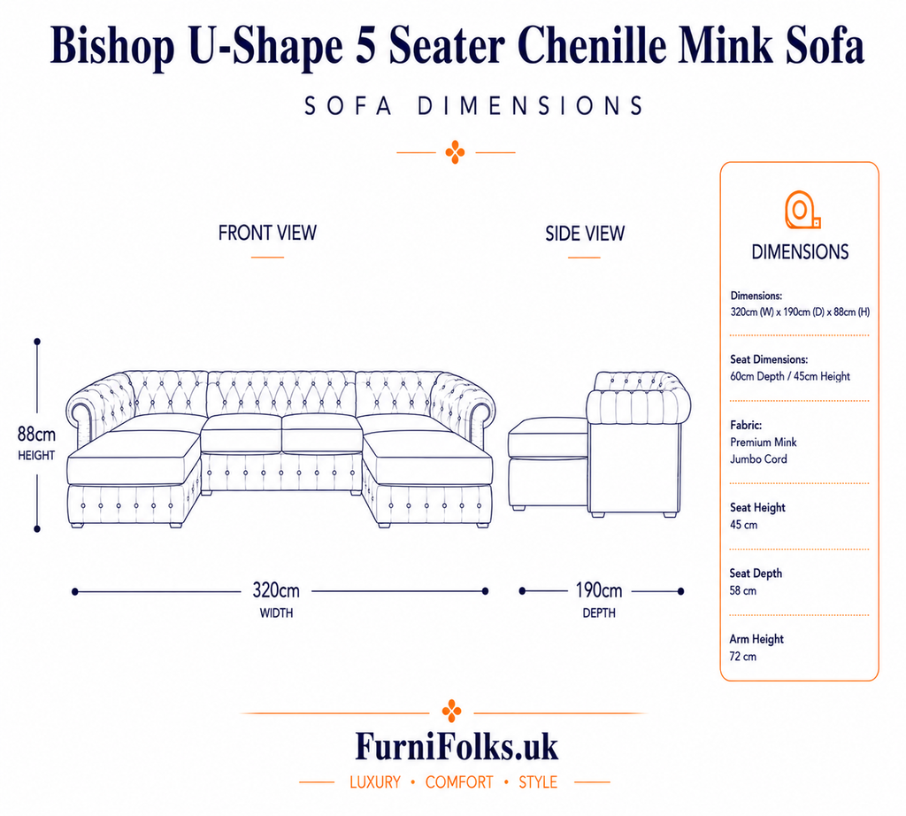 Bishop Large U Shape 5 Seater Chenille Mink Sofa - Detailed Angle View 6