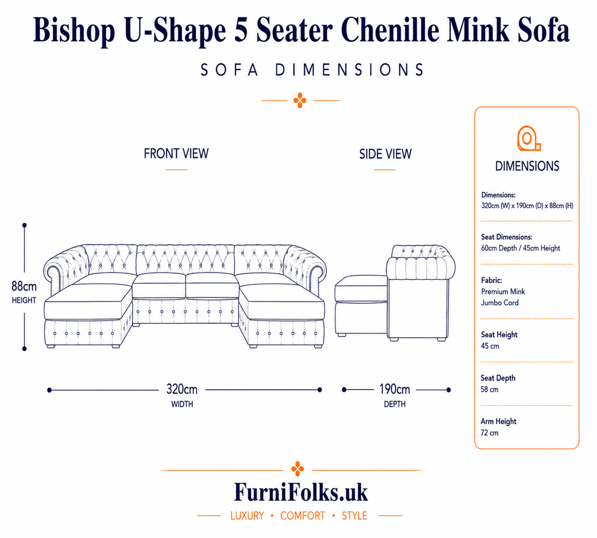 Bishop Large U Shape 5 Seater Chenille Mink Sofa - Detailed Angle View 6