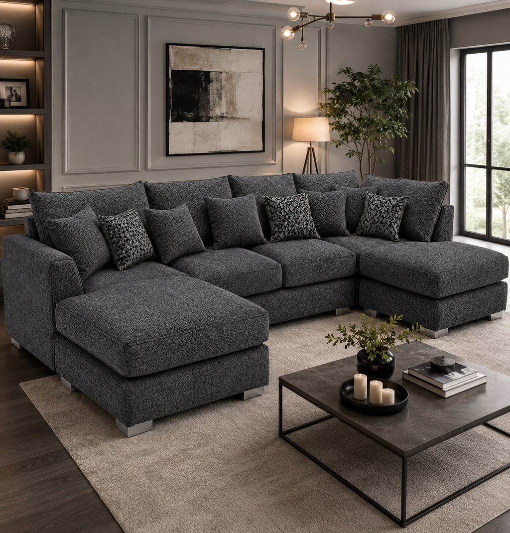 Bishop Large U Shape 5 Seater Kensington Fabric Dark Grey Sofa - Detailed Angle View 4