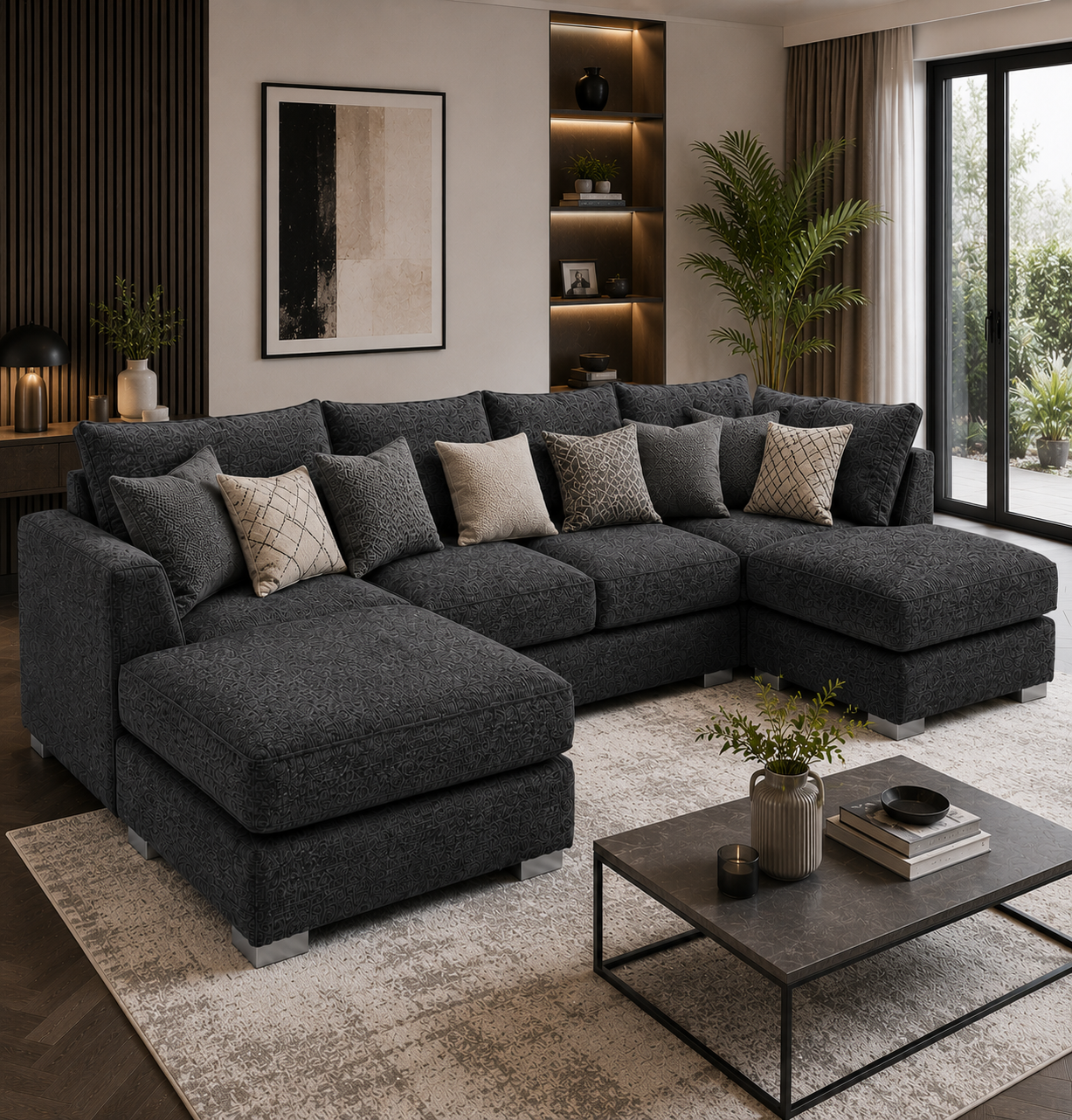 Bishop Large U Shape 5 Seater Kensington Fabric Dark Grey Sofa - Detailed Angle View 5