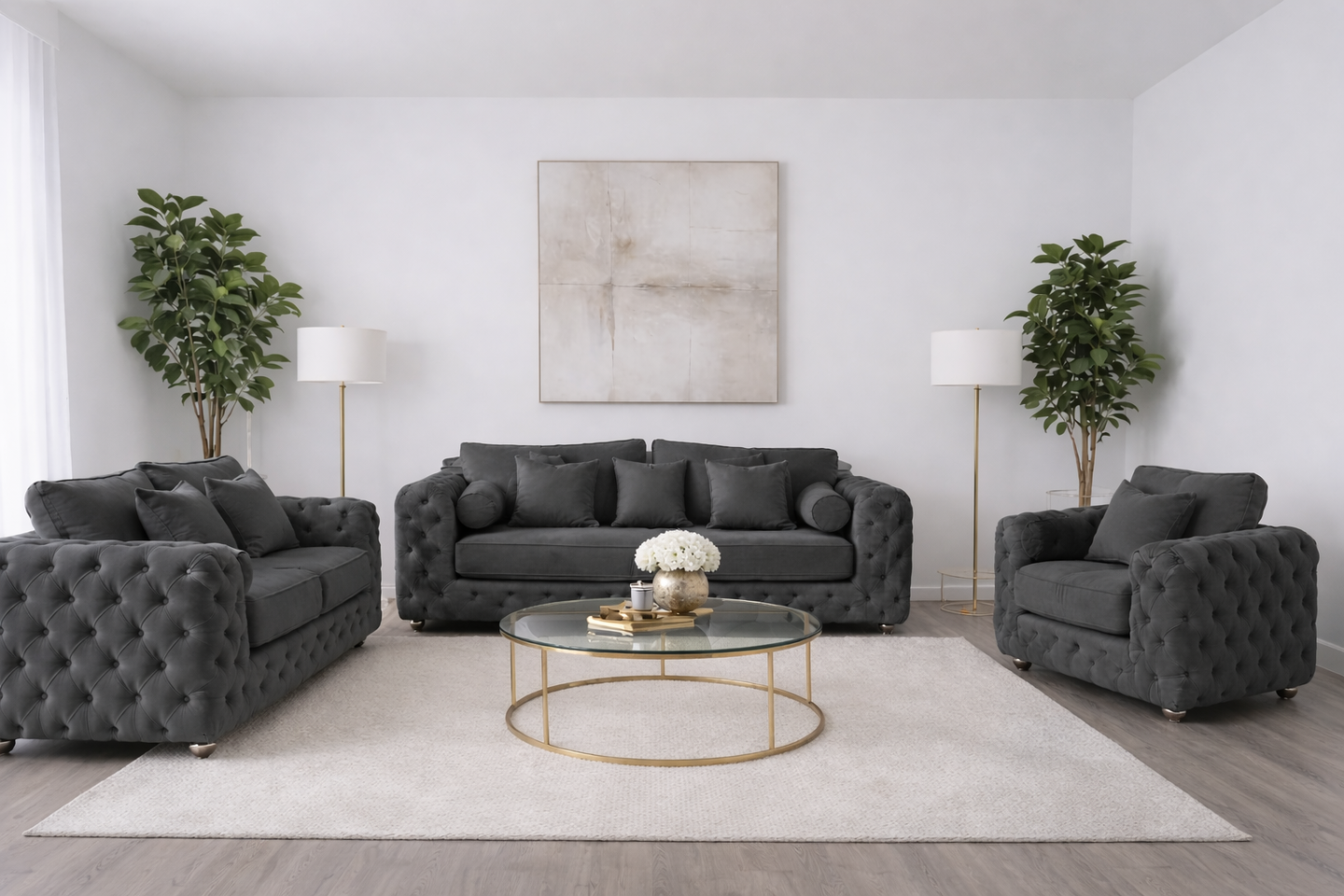 ASHTON 3+2+1 Seater Plush Velvet Dark Grey Sofa Set - Luxury UK Living Room Showcase