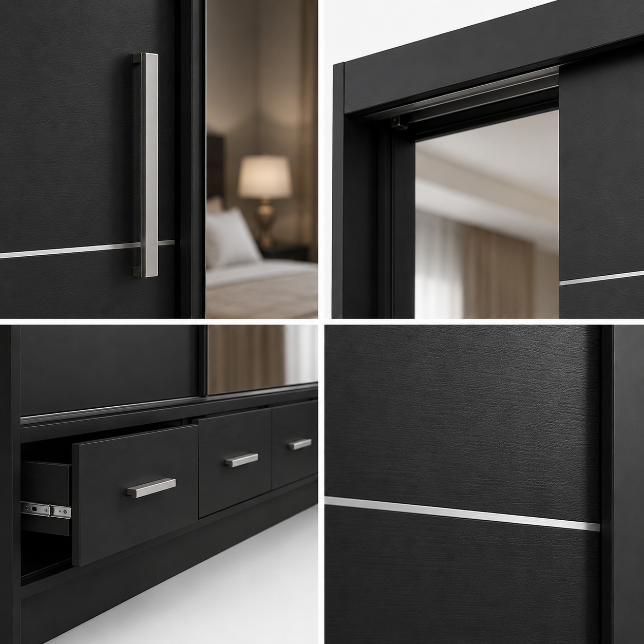Florence Sliding Door Wardrobe Black | Mirrored Sliding Wardrobe - Detailed Angle View 3
