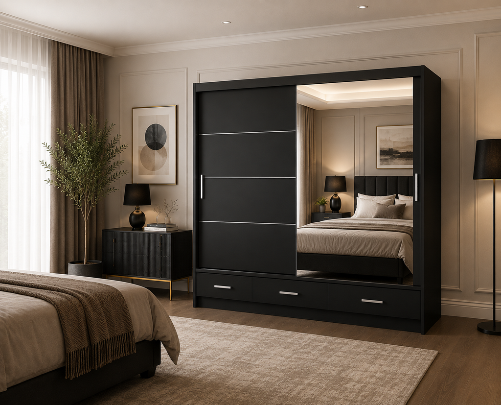 Florence Sliding Door Wardrobe Black | Mirrored Sliding Wardrobe - Detailed Angle View 4