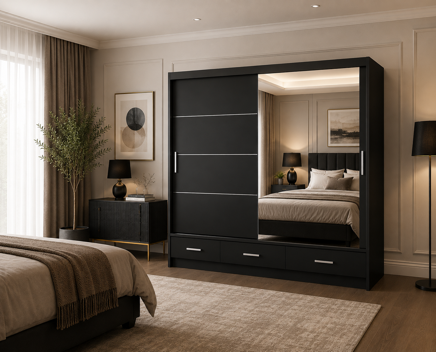 Florence Sliding Door Wardrobe Black | Mirrored Sliding Wardrobe - Detailed Angle View 4