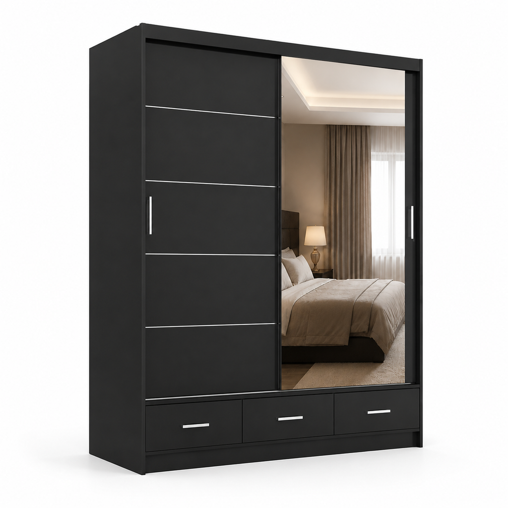 Florence Sliding Door Wardrobe Black | Mirrored Sliding Wardrobe - Detailed Angle View 2
