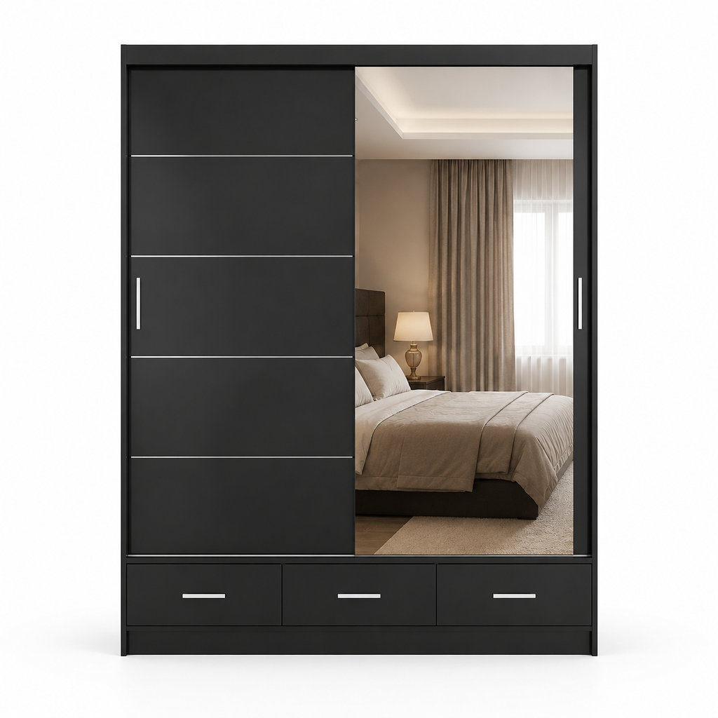 Florence Sliding Door Wardrobe Black | Mirrored Sliding Wardrobe - Luxury UK Living Room Showcase