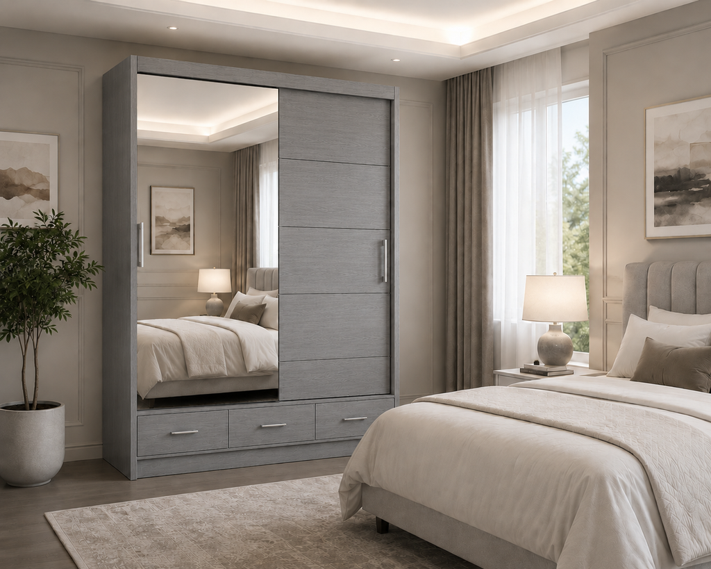 Florence Sliding Door Wardrobe Gray | Mirrored Sliding Wardrobe UK - Detailed Angle View 4