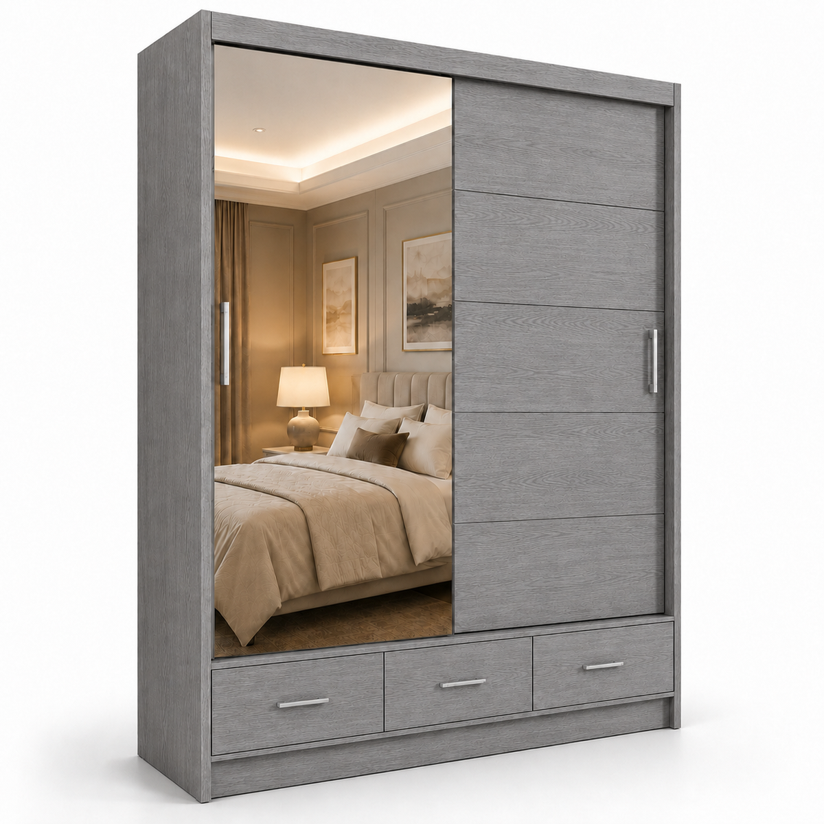 Florence Sliding Door Wardrobe Gray | Mirrored Sliding Wardrobe UK - Detailed Angle View 2