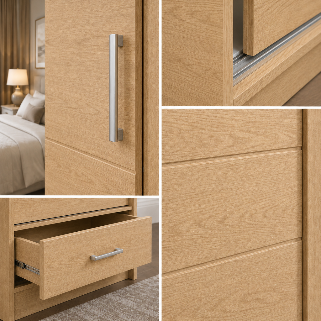 Florence Sliding Door Wardrobe Oak | Experience Smart Storage - Detailed Angle View 3