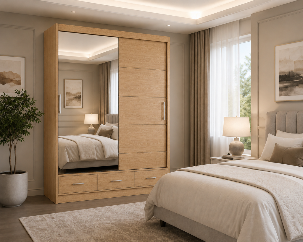 Florence Sliding Door Wardrobe Oak | Experience Smart Storage - Detailed Angle View 4