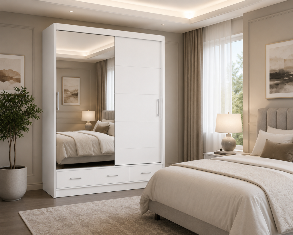 Florence Sliding Door Wardrobe White | Premium Sliding Storage - Detailed Angle View 4