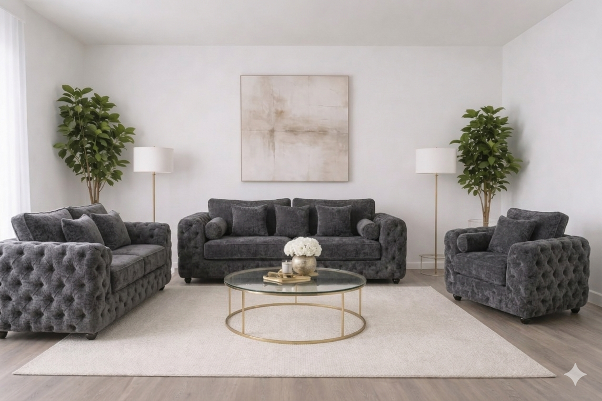 ASHTON 3+2+1 Seater Plush Velvet Dark Grey Sofa Set - Detailed Angle View 2