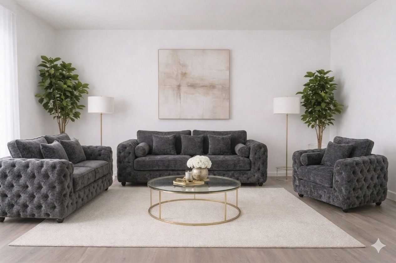 ASHTON 3+2+1 Seater Chenille Dark Grey Sofa Set - Luxury UK Living Room Showcase