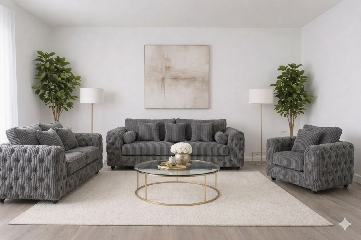 ASHTON 3+2+1 Seater Jumbo Cord Dark Grey Sofa Set - Luxury UK Living Room Showcase