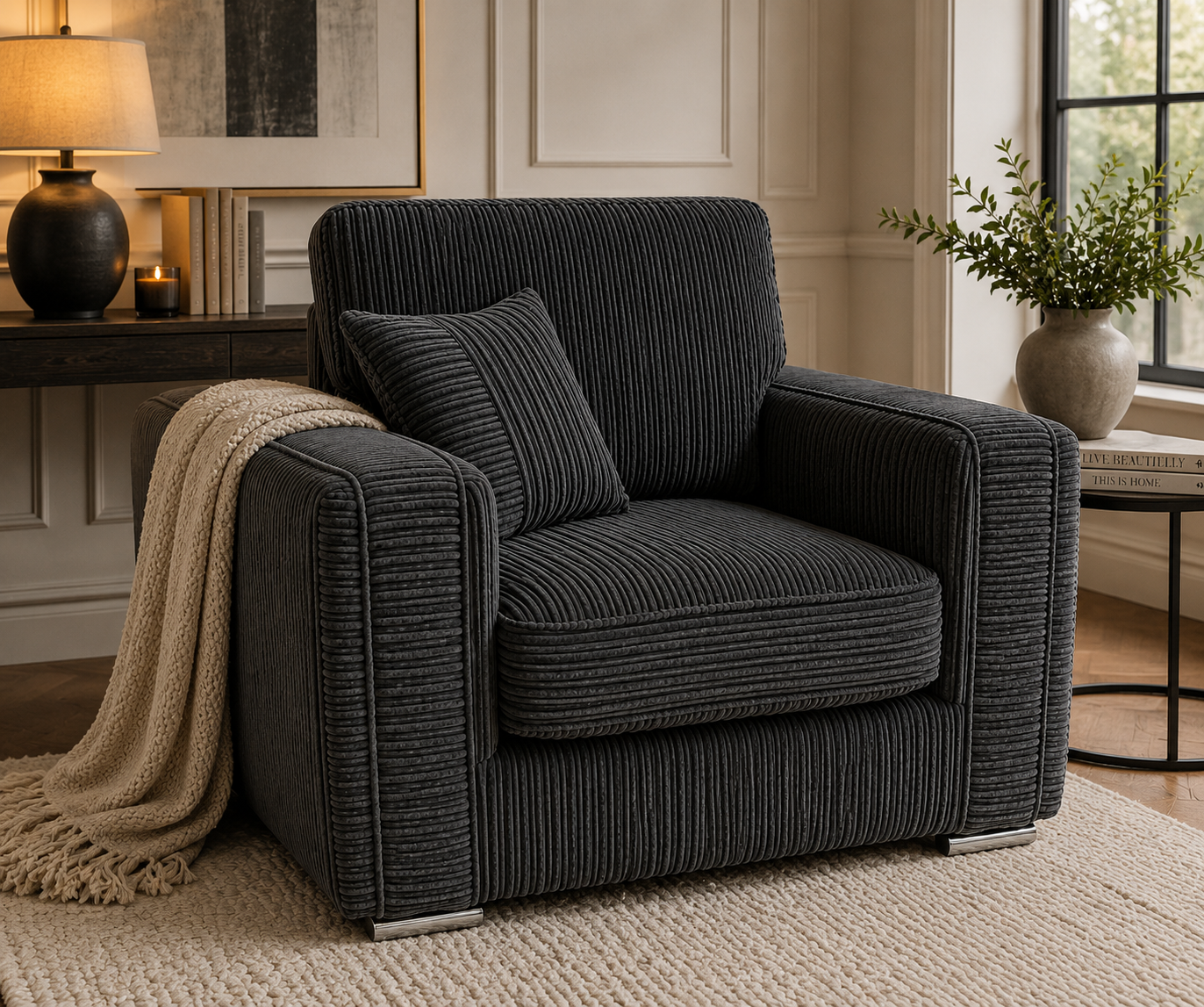 Lilly 1 Seater Jumbo Cord Dark Grey Sofa | FurniFolks - Detailed Angle View 5