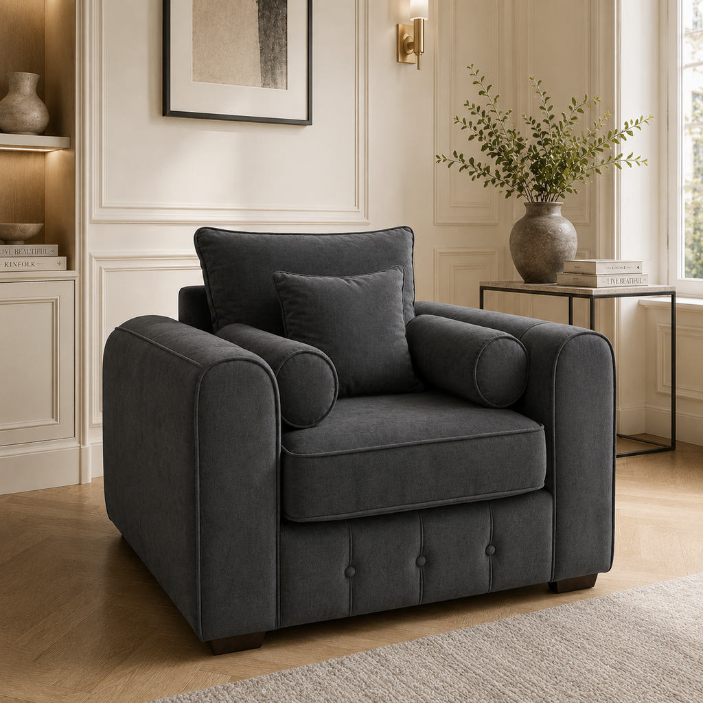 Lilly 1 Seater Naples & Kinsington Dark Grey Sofa | FurniFolks - Detailed Angle View 4