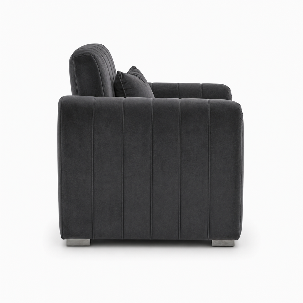 Lilly 1 Seater Plush Velvet Dark Grey Sofa | FurniFolks - Detailed Angle View 2