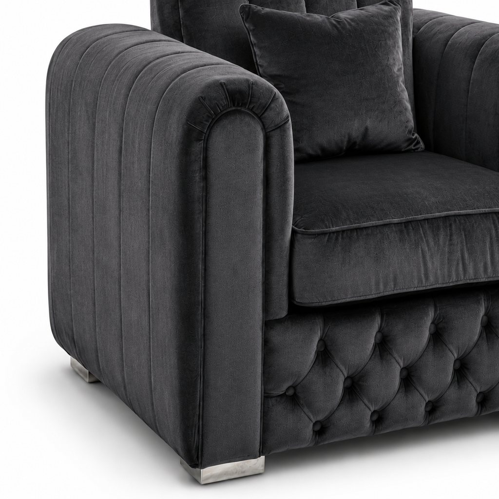 Lilly 1 Seater Plush Velvet Dark Grey Sofa | FurniFolks - Detailed Angle View 3