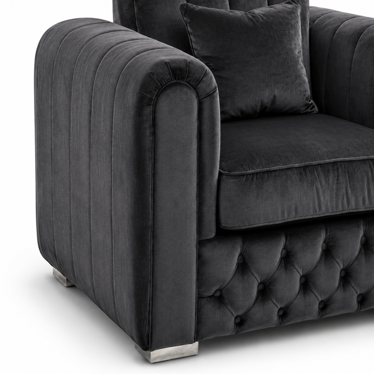 Lilly 1 Seater Plush Velvet Dark Grey Sofa | FurniFolks - Detailed Angle View 3