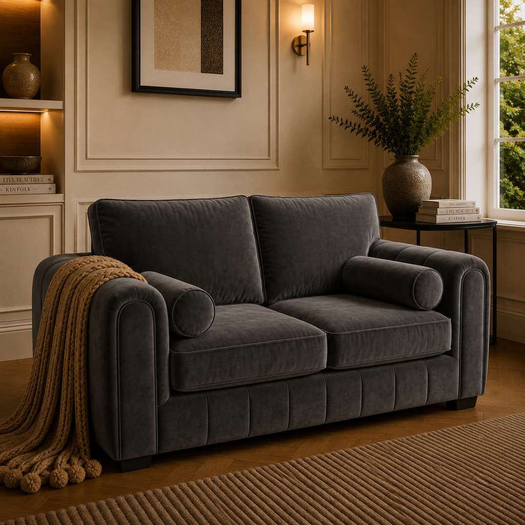 Lilly 2 Seater Plush Velvet Dark Grey Sofa - Detailed Angle View 4