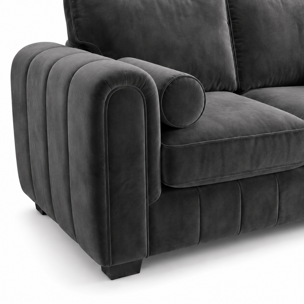 Lilly 2 Seater Plush Velvet Dark Grey Sofa - Detailed Angle View 3