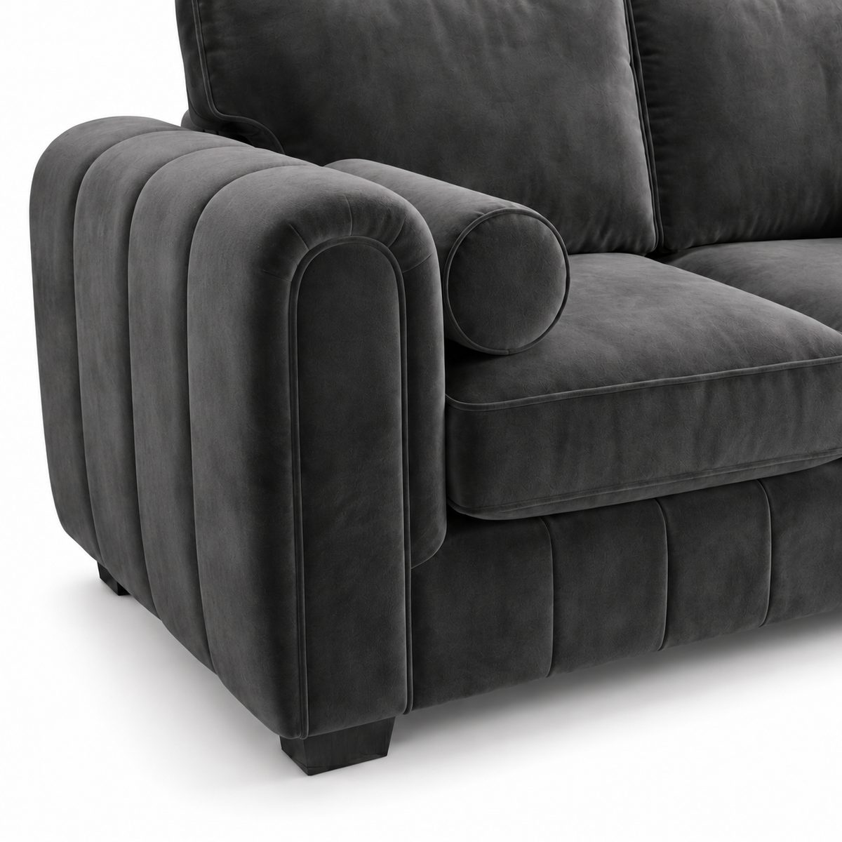 Lilly 2 Seater Plush Velvet Dark Grey Sofa - Detailed Angle View 3