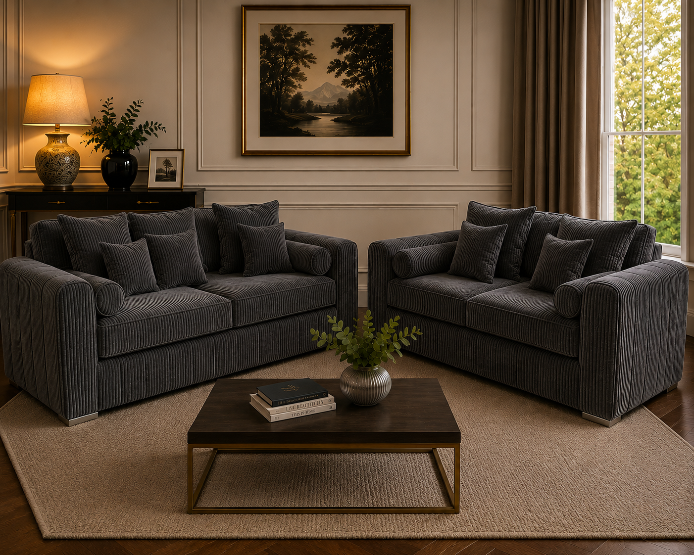 Lilly 3+2 Seater Jumbo Cord Dark Grey Sofa - Detailed Angle View 4
