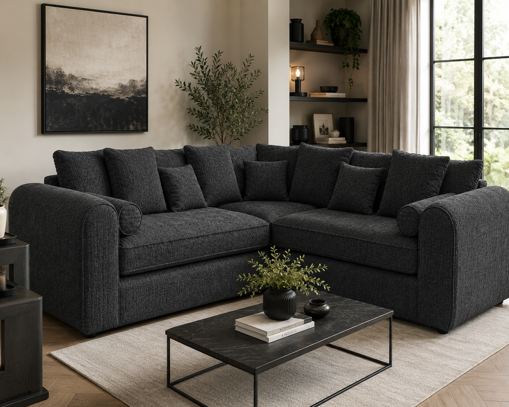 Lilly 5 Seater Chenille Dark Grey Sofa - Detailed Angle View 4