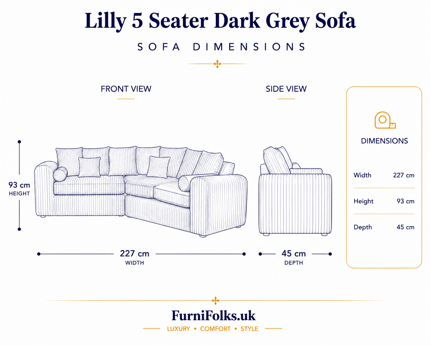 Lilly 5 Seater Jumbo Cord Dark Grey Sofa - Detailed Angle View 6