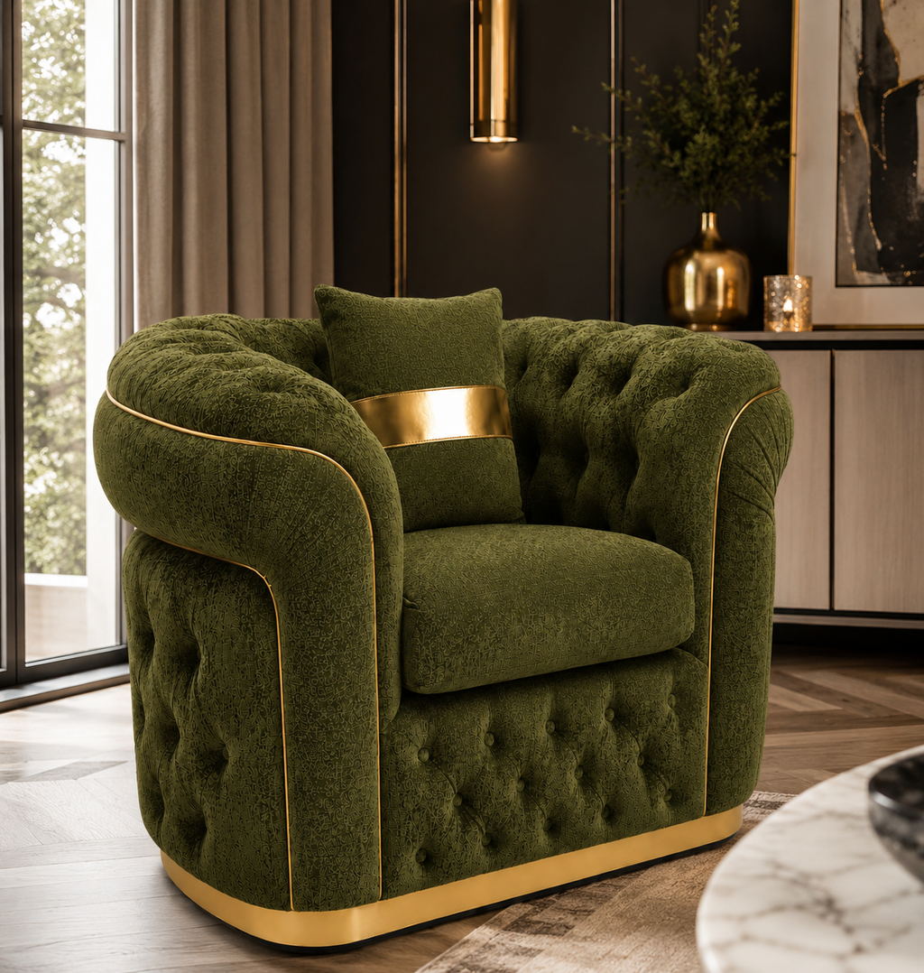 Madrid Chesterfield 1 Seater Chenille Olive Green Sofa - Detailed Angle View 4