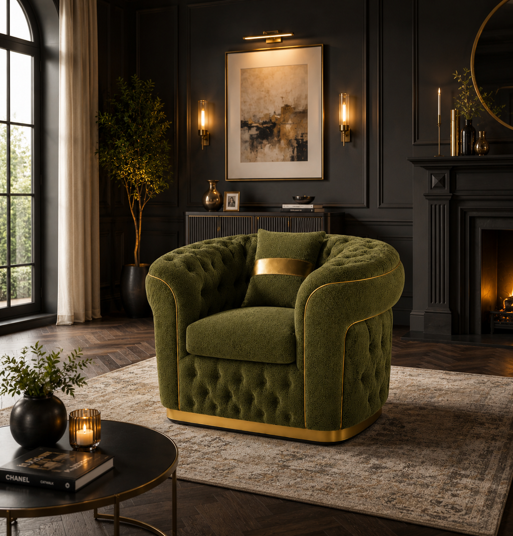 Madrid Chesterfield 1 Seater Chenille Olive Green Sofa - Detailed Angle View 5