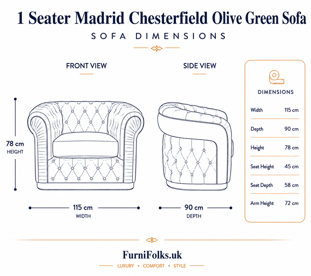 Madrid Chesterfield 1 Seater Chenille Olive Green Sofa - Detailed Angle View 6
