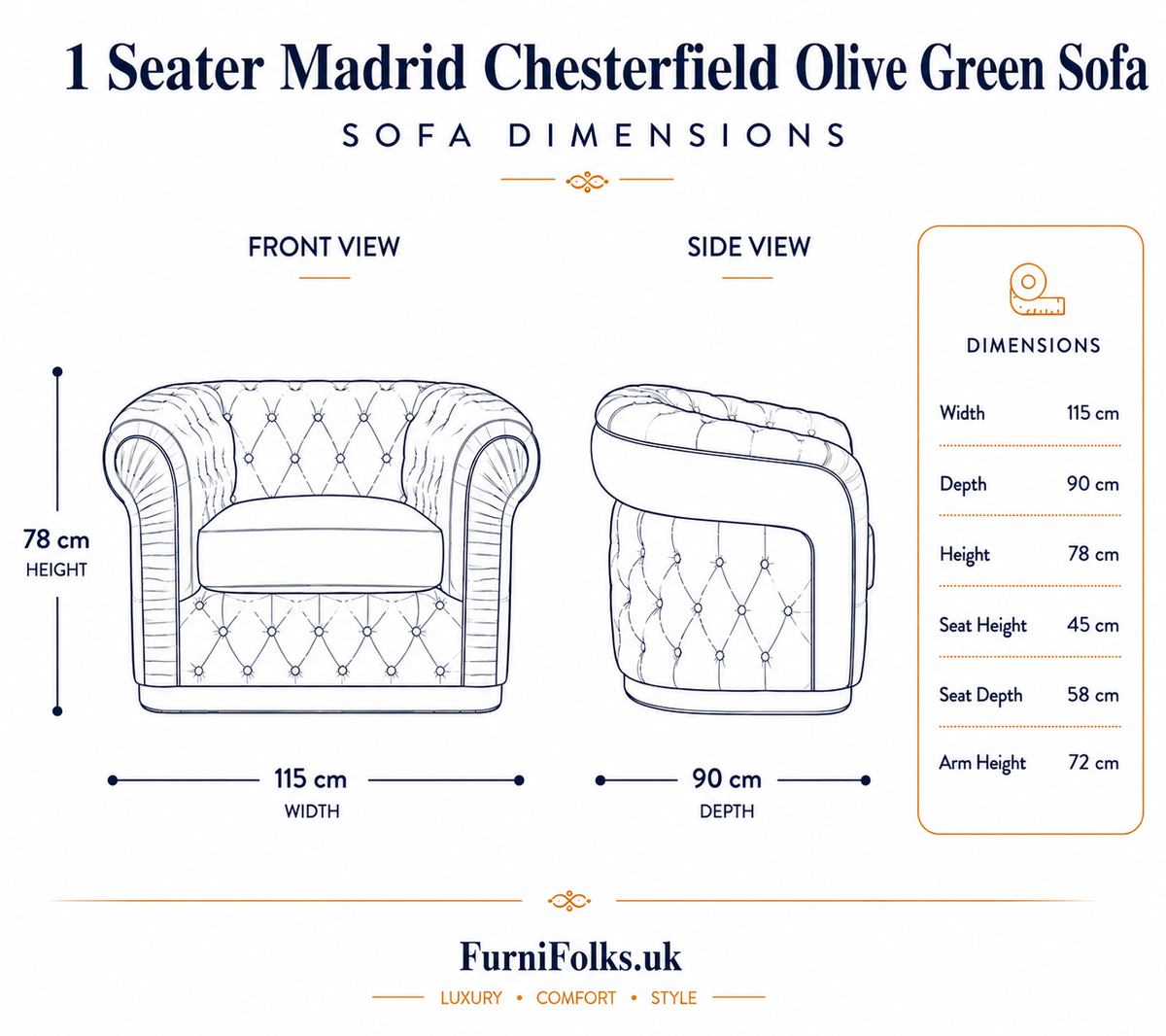 Madrid Chesterfield 1 Seater Chenille Olive Green Sofa - Detailed Angle View 6