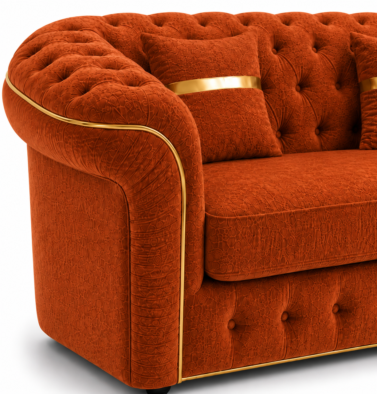 Lilly 2 Seater Plush Velvet Burnt Orange Sofa - Detailed Angle View 3