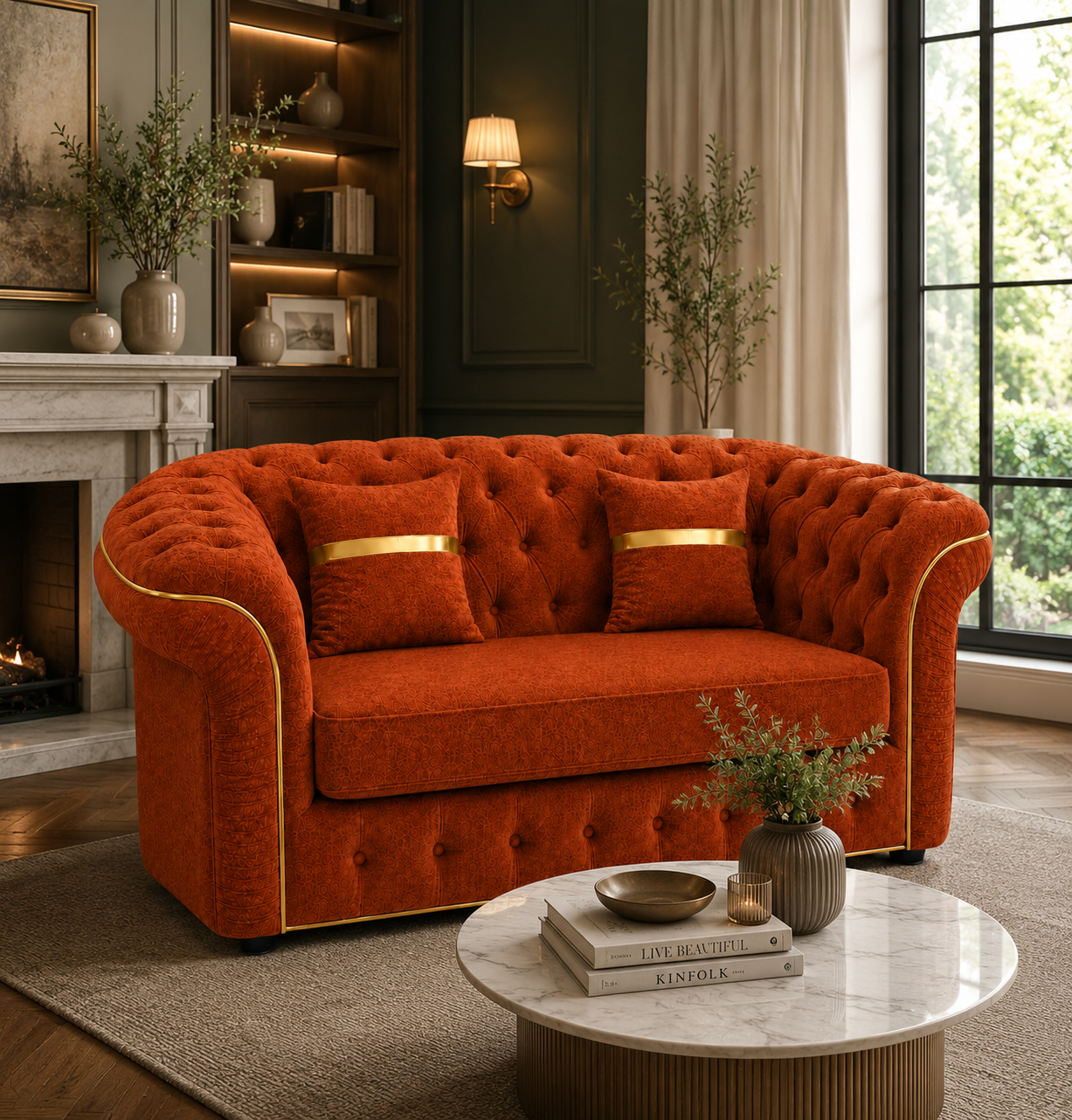 Madrid Chesterfield 2 Seater Chenille Burnt Orange Sofa - Detailed Angle View 4