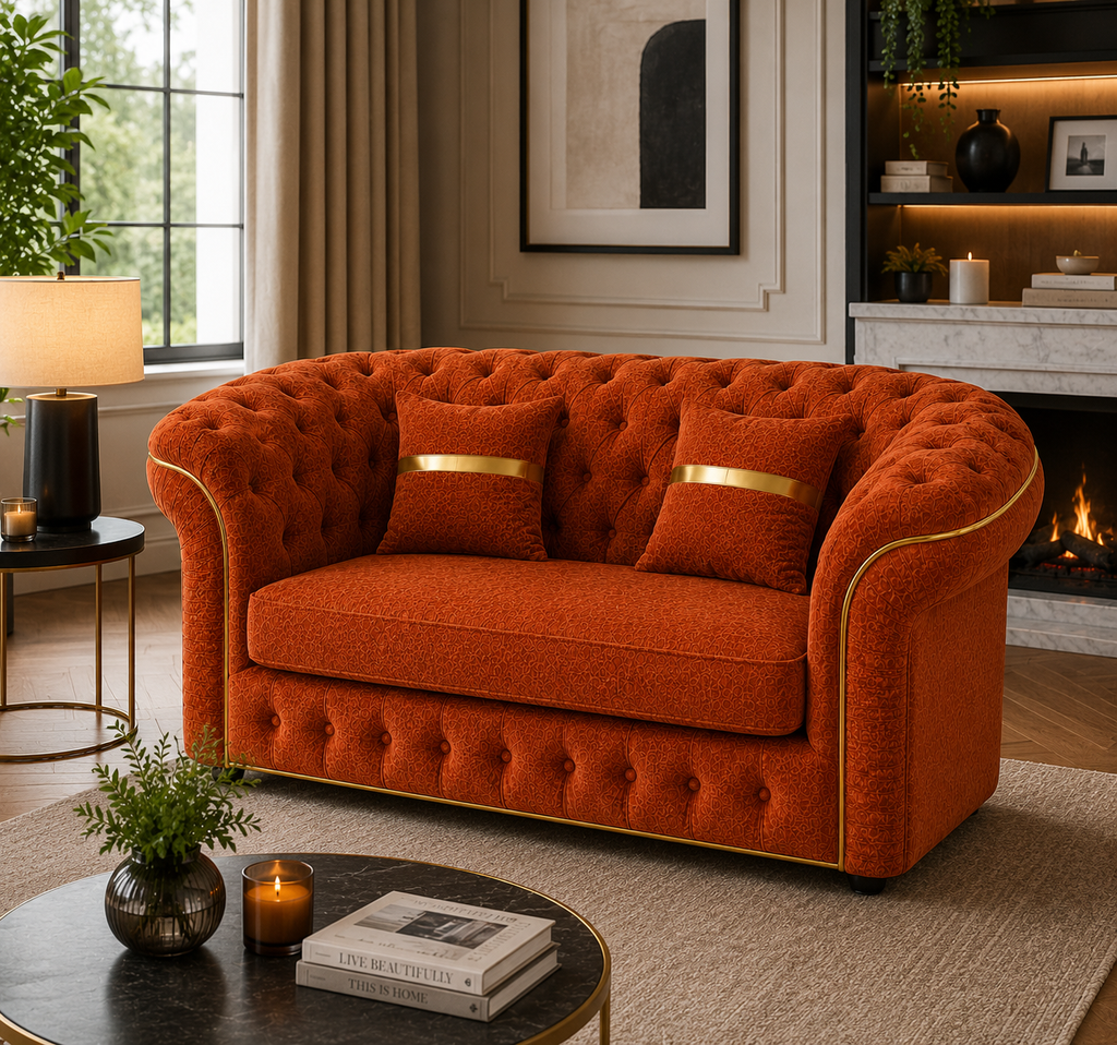 Madrid Chesterfield 2 Seater Chenille Burnt Orange Sofa - Detailed Angle View 5