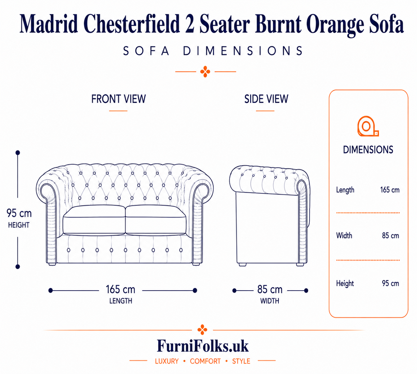 Madrid Chesterfield 2 Seater Chenille Burnt Orange Sofa - Detailed Angle View 6