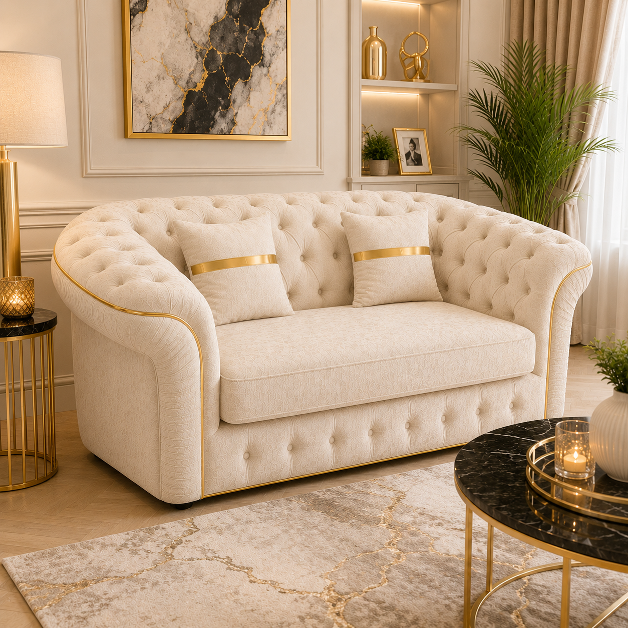Madrid Chesterfield 2 Seater Chenille Cream Sofa - Detailed Angle View 4