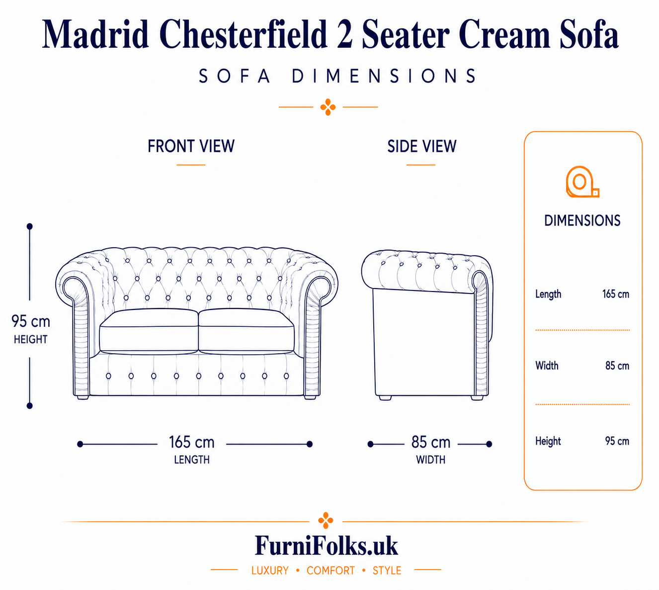 Madrid Chesterfield 2 Seater Chenille Cream Sofa - Detailed Angle View 5