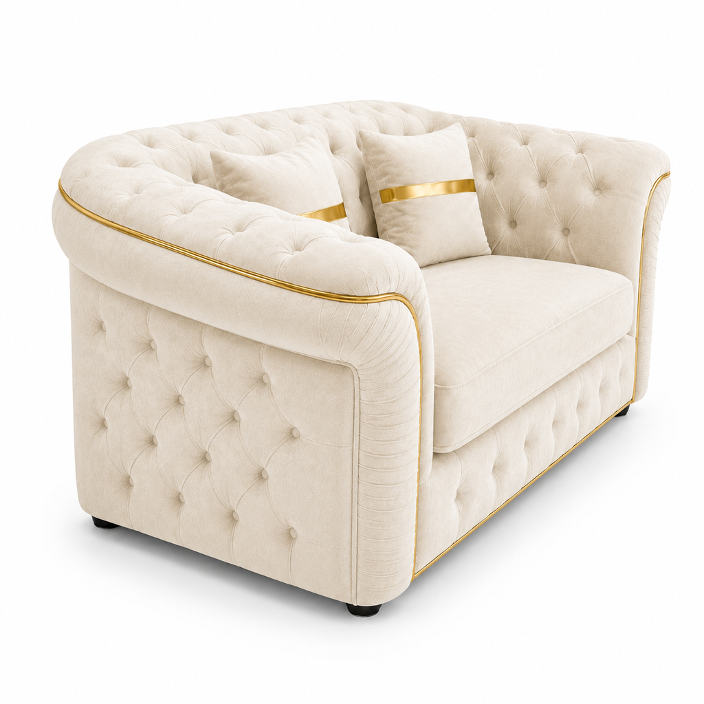 Madrid Chesterfield 2 Seater Chenille Cream Sofa - Detailed Angle View 2