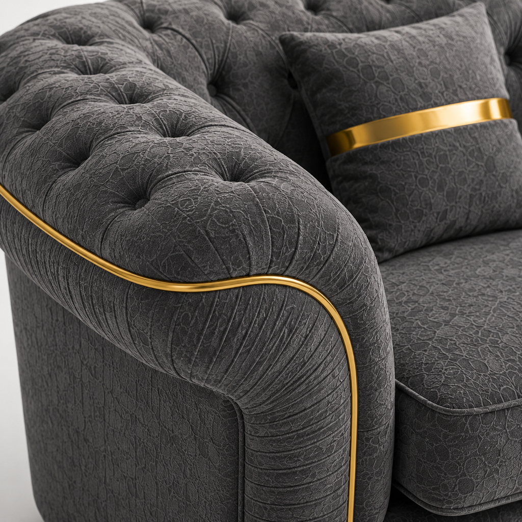 Madrid Chesterfield 2 Seater Chenille Dark Grey Sofa - Detailed Angle View 3