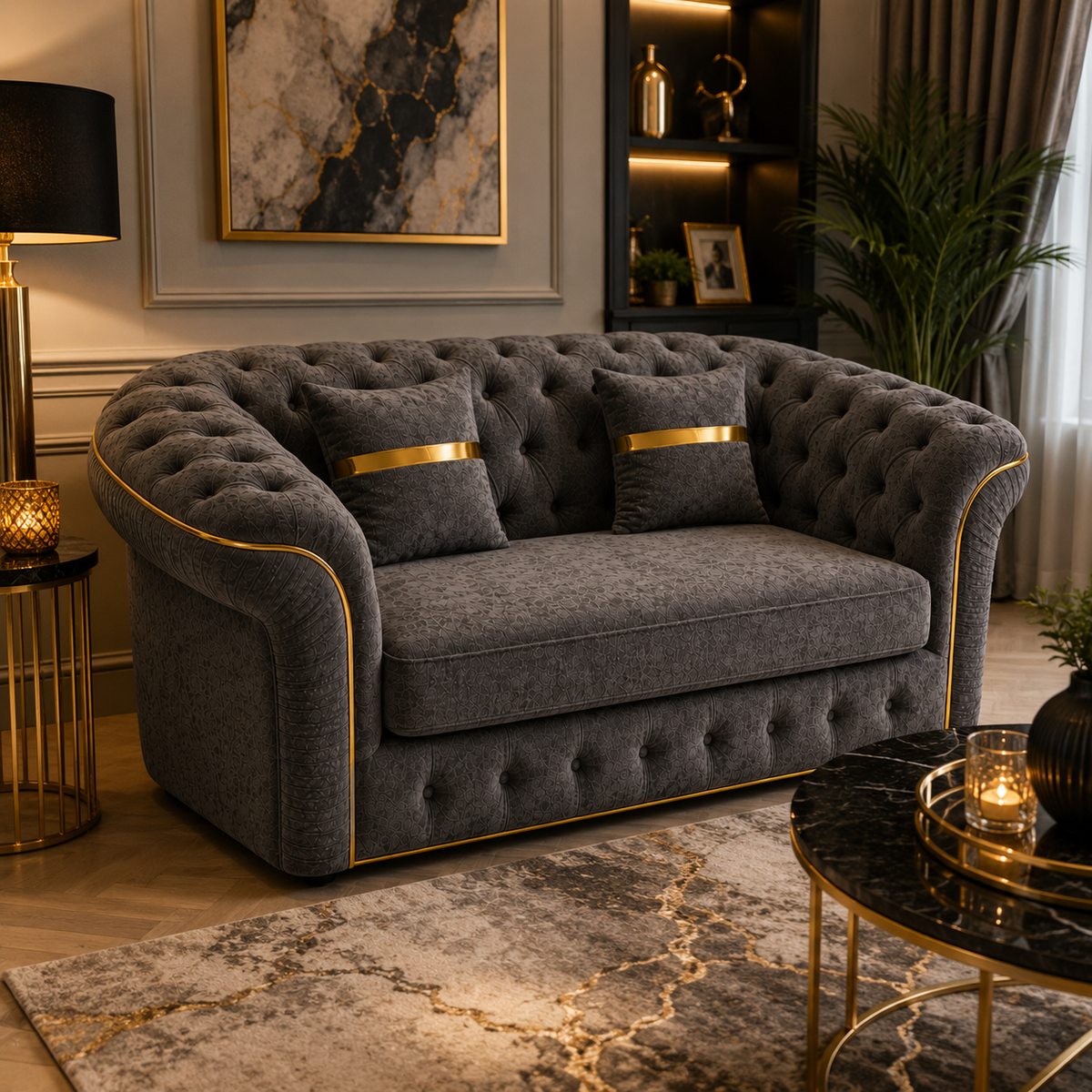 Madrid Chesterfield 2 Seater Chenille Dark Grey Sofa - Detailed Angle View 4