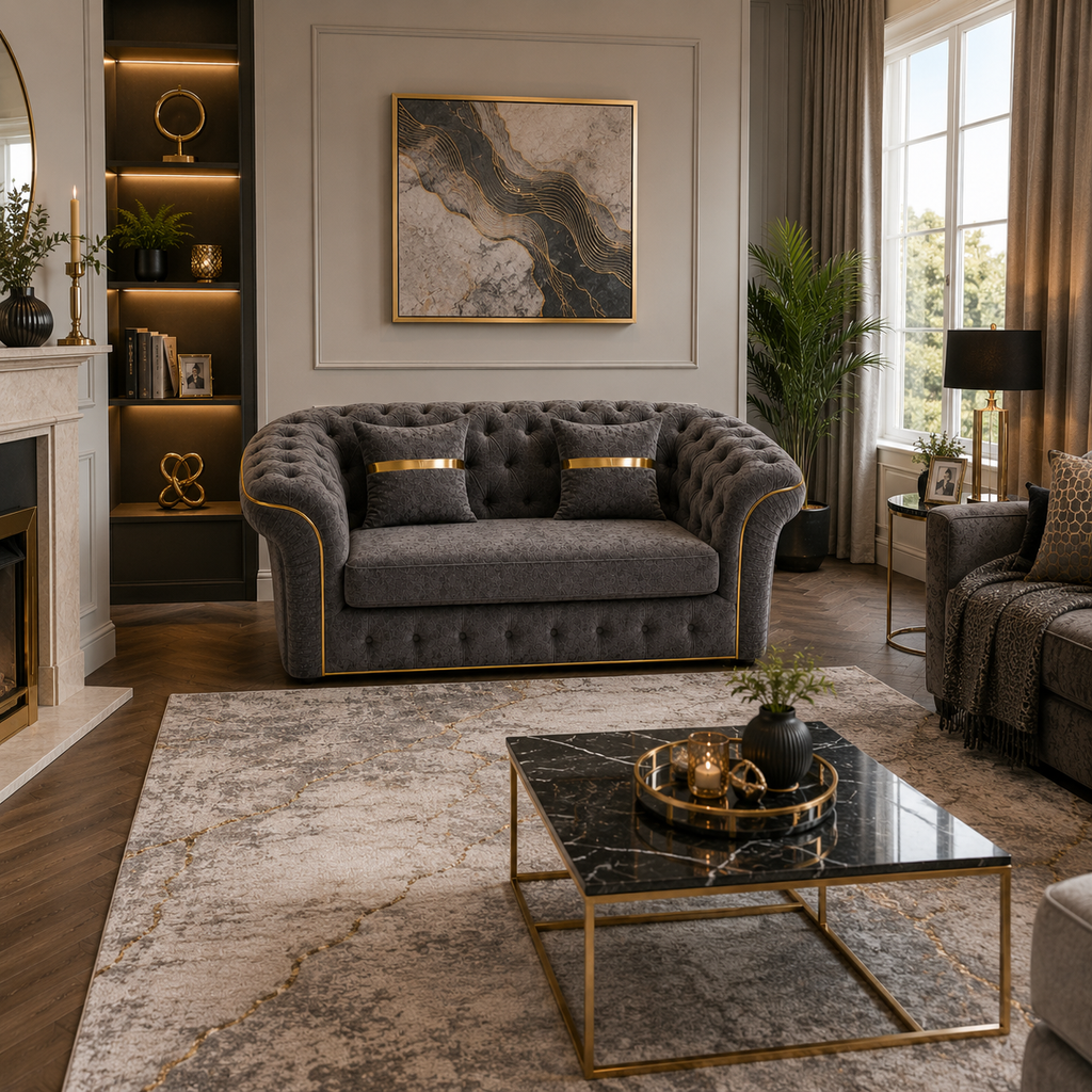 Madrid Chesterfield 2 Seater Chenille Dark Grey Sofa - Detailed Angle View 5