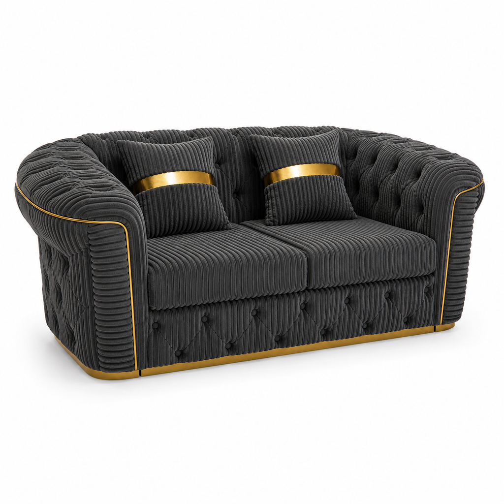 Madrid Chesterfield 2 Seater Jumbo Cord Dark Grey Sofa - Luxury UK Living Room Showcase