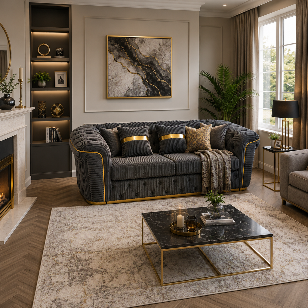 Madrid Chesterfield 2 Seater Jumbo Cord Dark Grey Sofa - Detailed Angle View 5