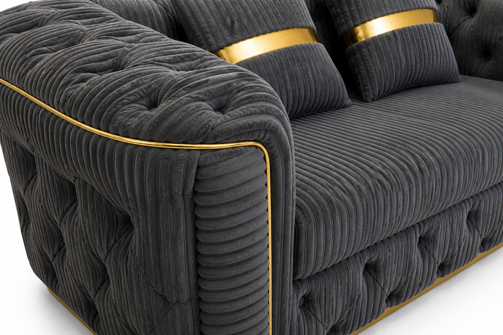 Madrid Chesterfield 2 Seater Jumbo Cord Dark Grey Sofa - Detailed Angle View 3