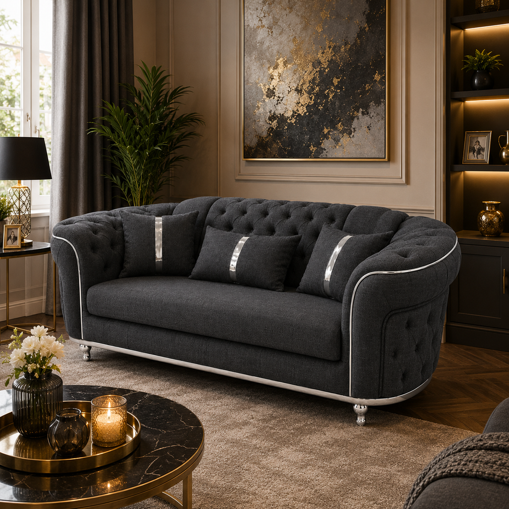 Madrid Chesterfield 2 Seater Naples & Kinsington Dark Grey Sofa - Detailed Angle View 4