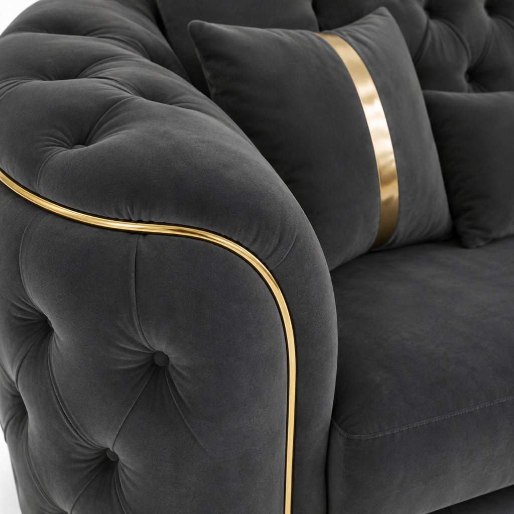 Madrid Chesterfield 2 Seater Plush Velvet Dark Grey Sofa - Detailed Angle View 3